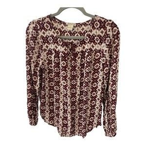 Lucky Brand Boho Maroon Long Sleeve Geometric Print Peasant Blouse - Size Medium